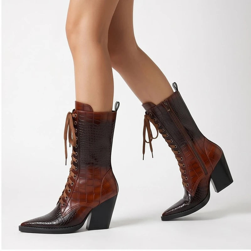 Model wearing Brown Briarwood Croc-Embossed Lace-Up Boots in studio - 2