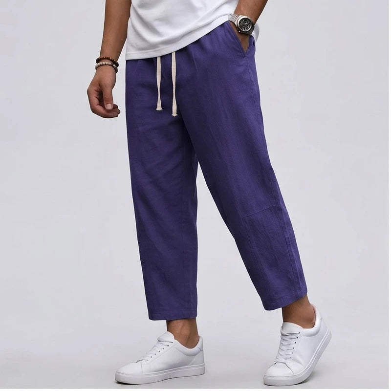 Model wearing Blue Raymond - Men’s Drawstring Relaxed Linen Pants in studio