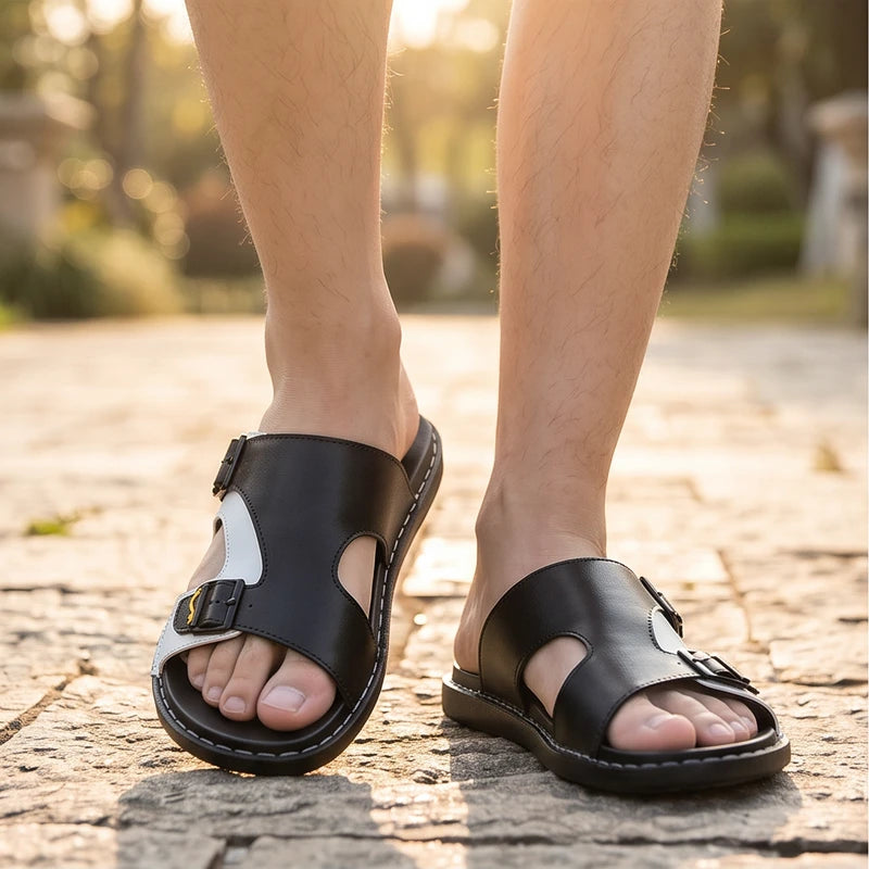 Model wearing Black Thornhill Genuine Leather Slide Sandals outdoors