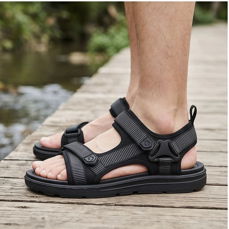 Model wearing Black Ashford Sport Sandals outdoors - 3