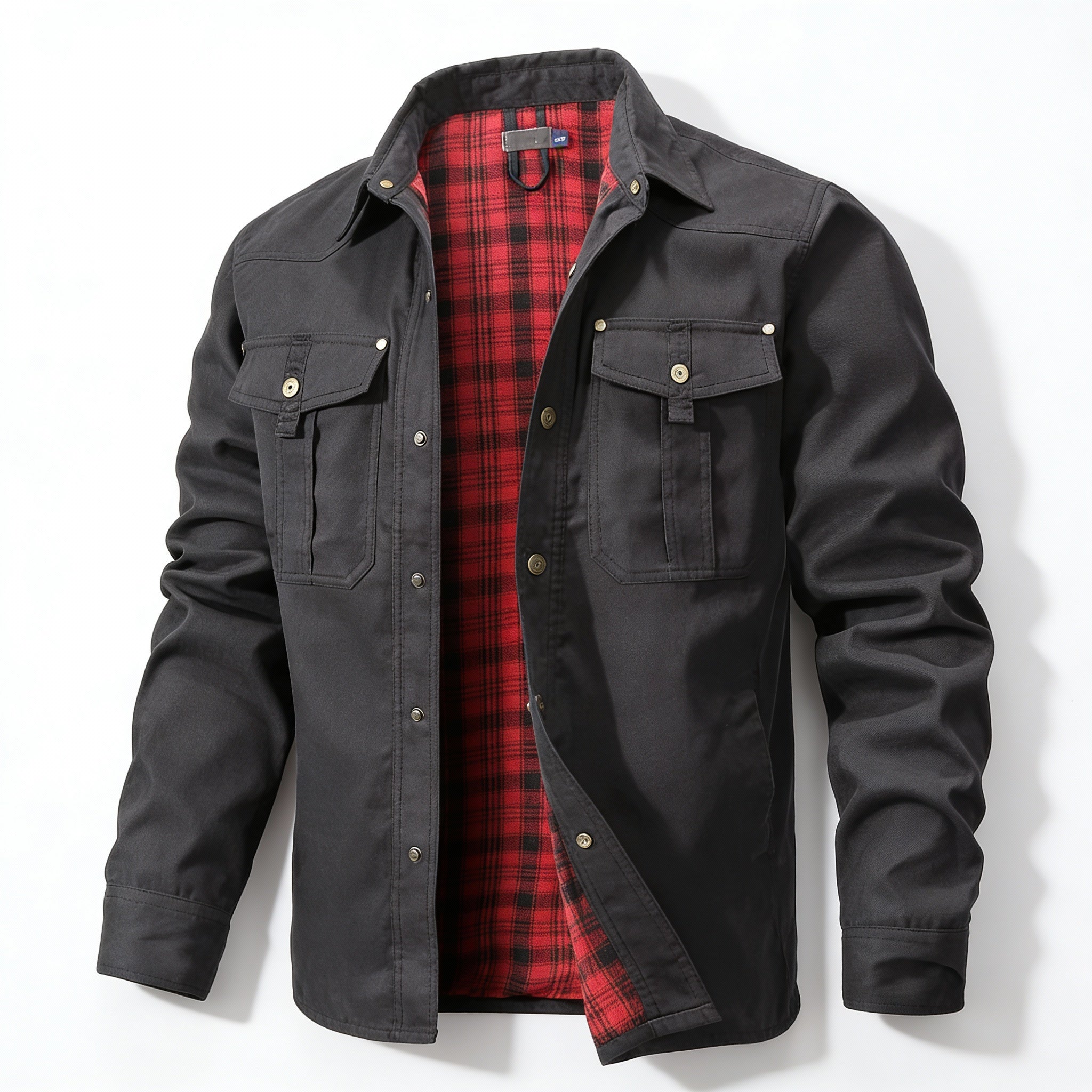 Black jacket with red plaid lining on a white background