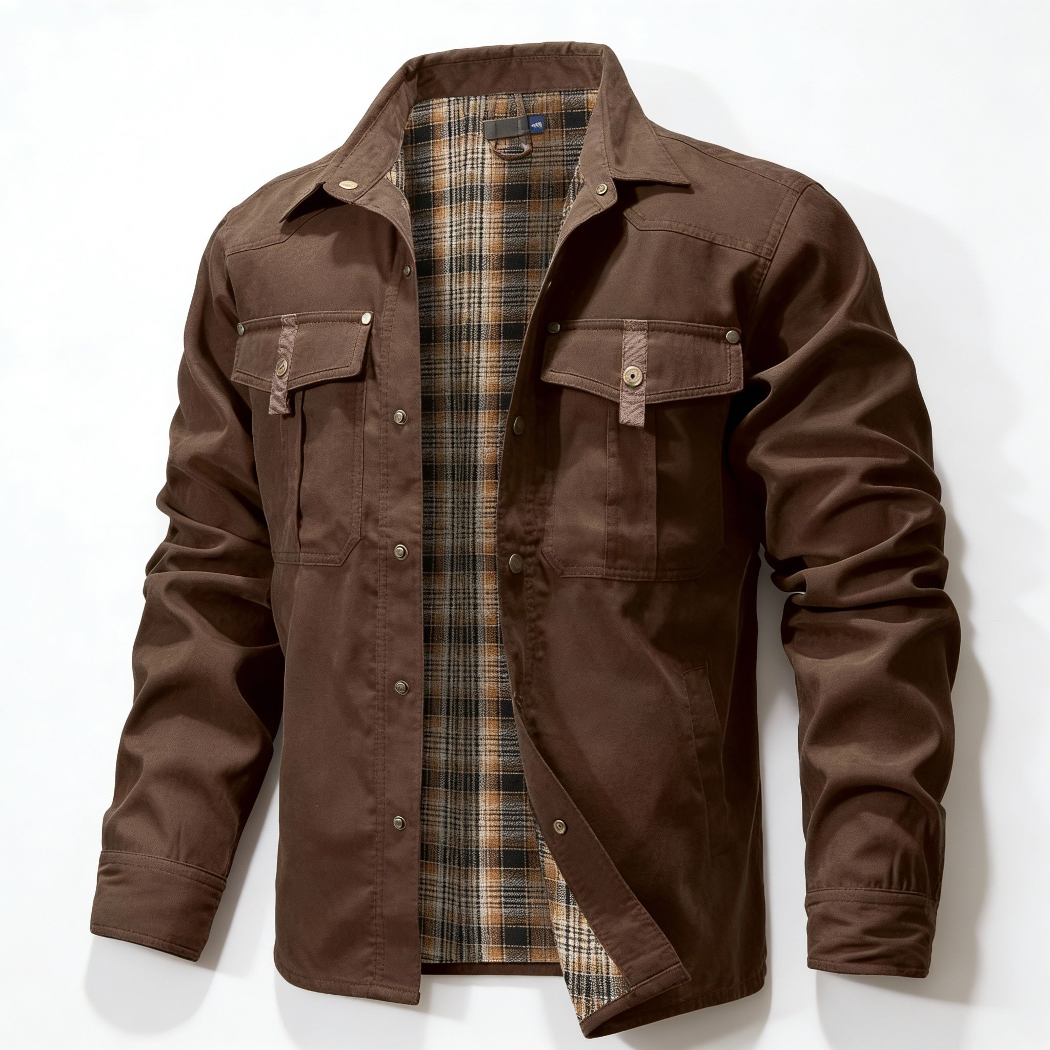 Brown jacket with plaid lining on a white background