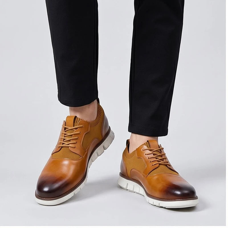 Model wearing Brown leather oxford in a studio