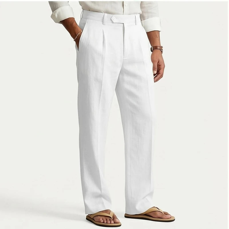 Model wearing White Wyatt Straight Leg Linen Trousers in studio