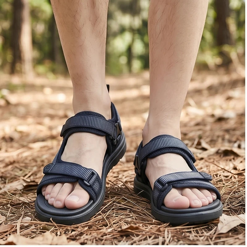Model wearing Blue Ashford Sport Sandals outdoors