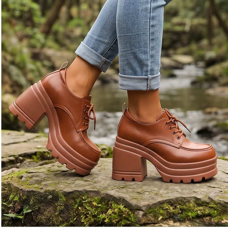 Model wearing Brown Veya Chunky Platform Leather Boots outdoors - 2