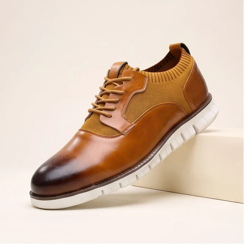 Brown woven shoes in a studio background