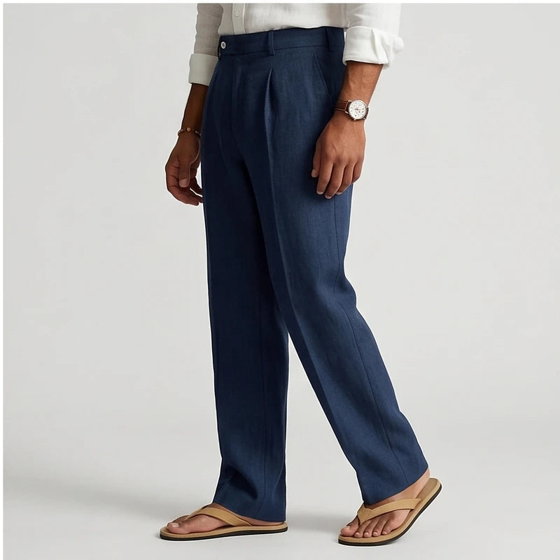 Model wearing Navy Blue Wyatt Straight Leg Linen Trousers in studio - 2