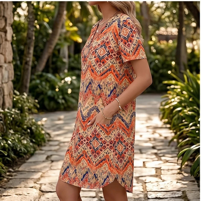 Model wearing B Women's Dress New Summer Casual V-Neck Wedding Loose Dress Short Sleeve Fashion Beach Vacation Wear dress outdoors - 3