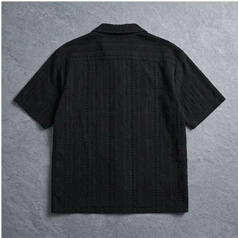 Black Hawaii Beach Vacation Old-money Style Hollow-out Breathable Cuban Collar Short-sleeve Shirt Unisex Loose-fit Half-sleeve Shirt flat lay product photo - 3
