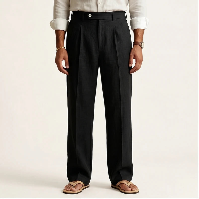 Model wearing Black Wyatt Straight Leg Linen Trousers in studio
