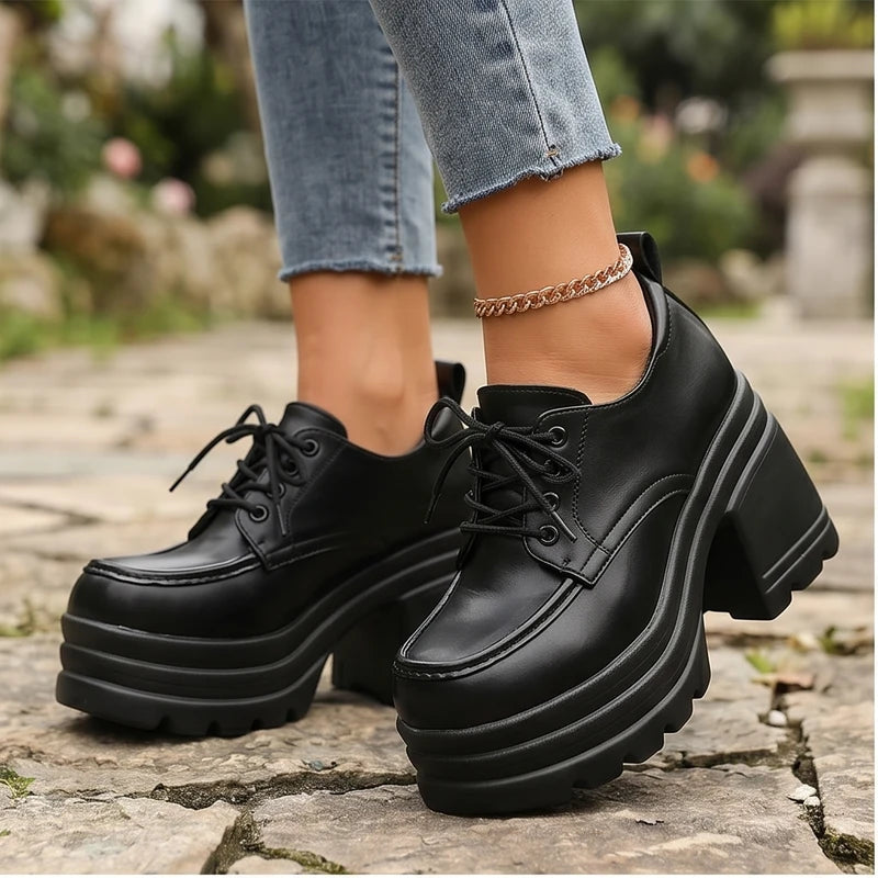 Model wearing Black Veya Chunky Platform Leather Boots outdoors