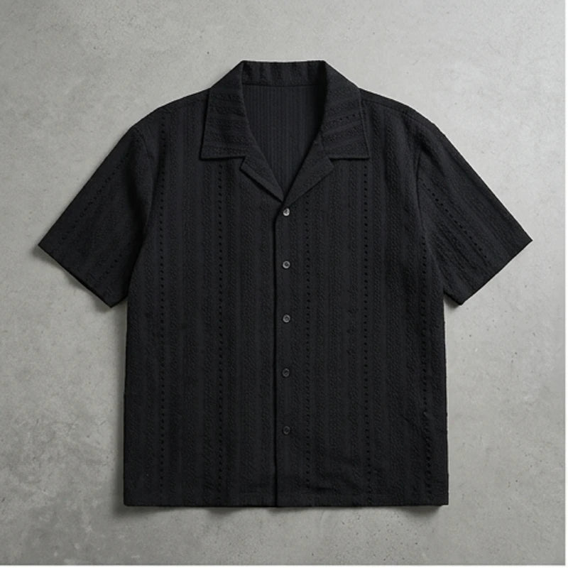 Black Hawaii Beach Vacation Old-money Style Hollow-out Breathable Cuban Collar Short-sleeve Shirt Unisex Loose-fit Half-sleeve Shirt flat lay product photo