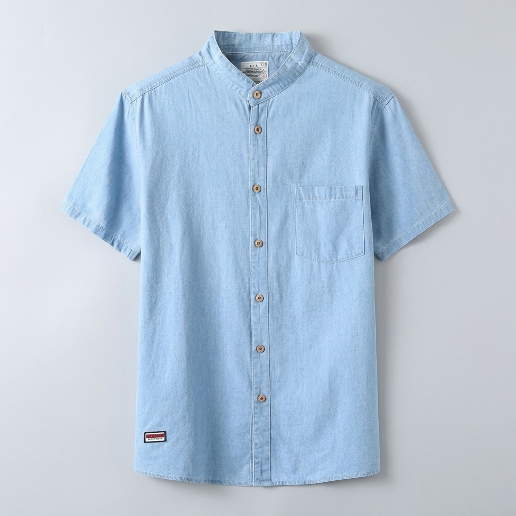 Light blue cotton denim shirt, front view flat lay