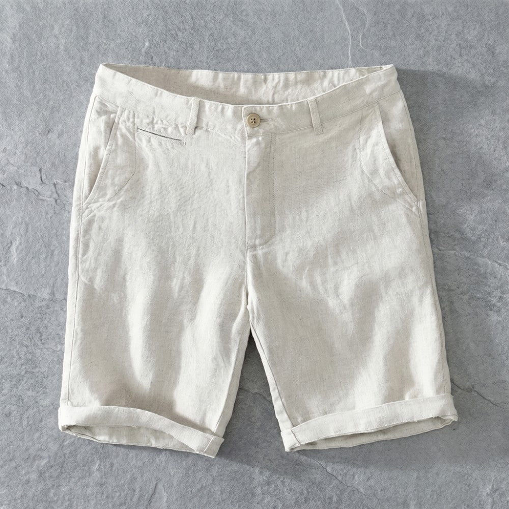 Light beige linen casual shorts with cuffed hems.